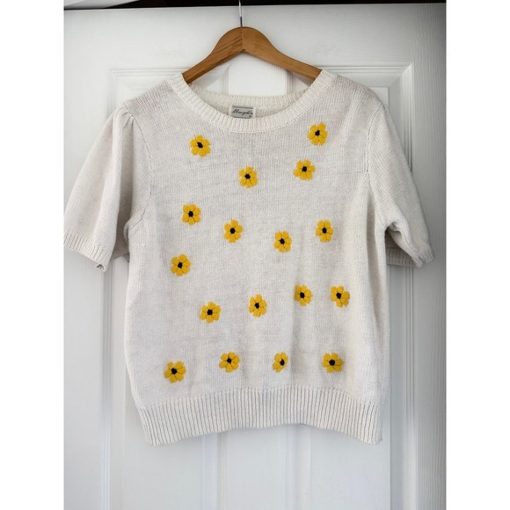 VTG Womens Knit Flower Embroidered Short Sleeve Blouse Cottage Retro Granny